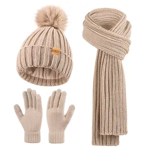 Winter Beanie Scarf and Gloves Set for Women Thick Knit Pom Pom Hat with Fleece Lining Long Neck Scarf and Touchscreen Gloves 3 in 1