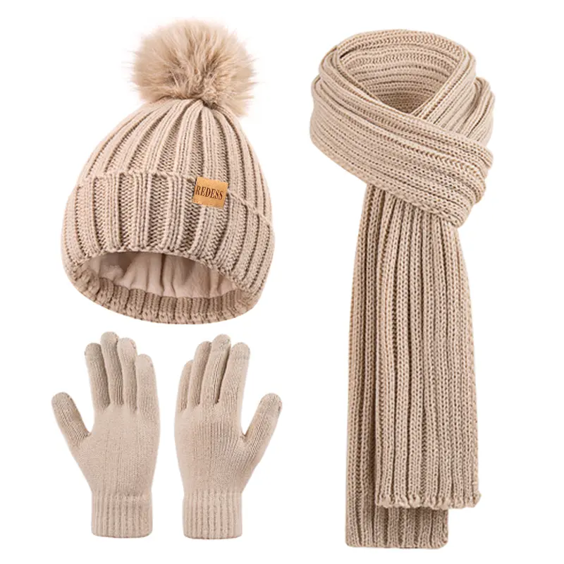 REDESS Women's 3-in-1 Fashion Warmth Winter Set, Thick Knit Pom Pom Beanie with Fleece Lining, Long Neck Scarf, Touchscreen Gloves