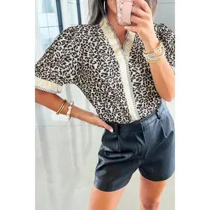 Black Leopard Print Striped Ruffled Color Block Trim V Neck Short Sleeve Blouse
