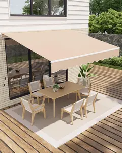 12'x10' Retractable Awning, Waterproof Patio Awning, Sun Shade Awning with Manual Crank Handle, Aluminum Frame, 280 g/㎡ Polyester Fabric, for Deck, Porch, Balcony, Beige