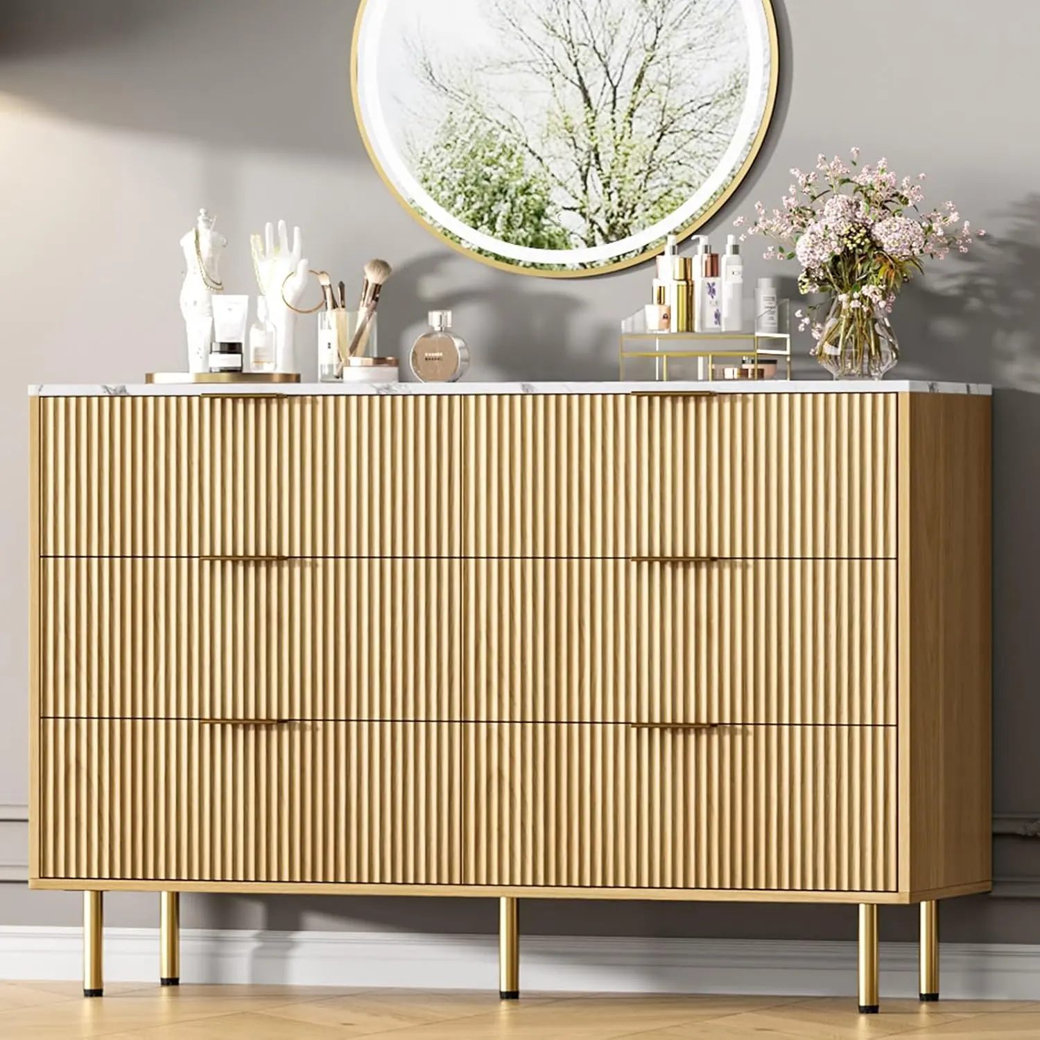 Burlywood 6-Drawer Fluted Wooden Closet Cabinet Dresser Chest with Gold Handles, Natural Wood Material, Modern Indoor Furniture for Bedroom, Closet, Storage Organizer, Six Drawers