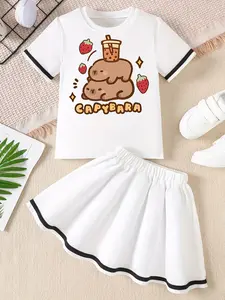Girls' 3D Cartoon Capybara Print Top and Skirt Set, Summer Casual Two-Piece, Round Neck Short Sleeve, Daily Wear