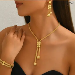 Gold Mesh Lariat Necklace Earrings Bracelet Set Adjustable Jewelry for Women Girls Daily Layering Wear Gift