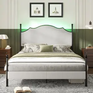 VanAcc Upholstered Bed Frame with 51.2" Tall Headboard, Metal Four Poster LED Beds for Bedroom, NO MATTRESS/Easy Assembly, Wooden Slats