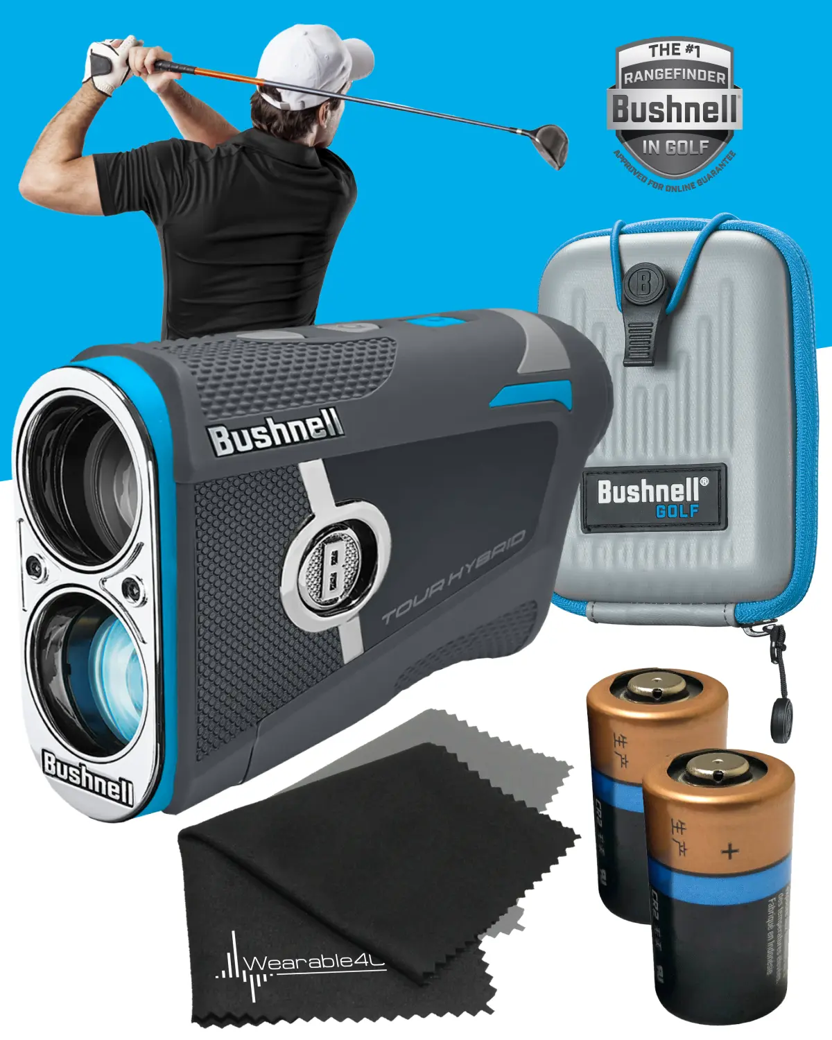 Bushnell Tour Hybrid Laser Rangefinder for Golfers - Pinseeker with Visual Jolt, GPS, Slope-Switch Tech, Bluetooth, Dual Technology Integration, Extended Range (5-1,300 yds), Integrated Bite Magnetic Cart Mount (202500/202600) | Wearable4U Bundle