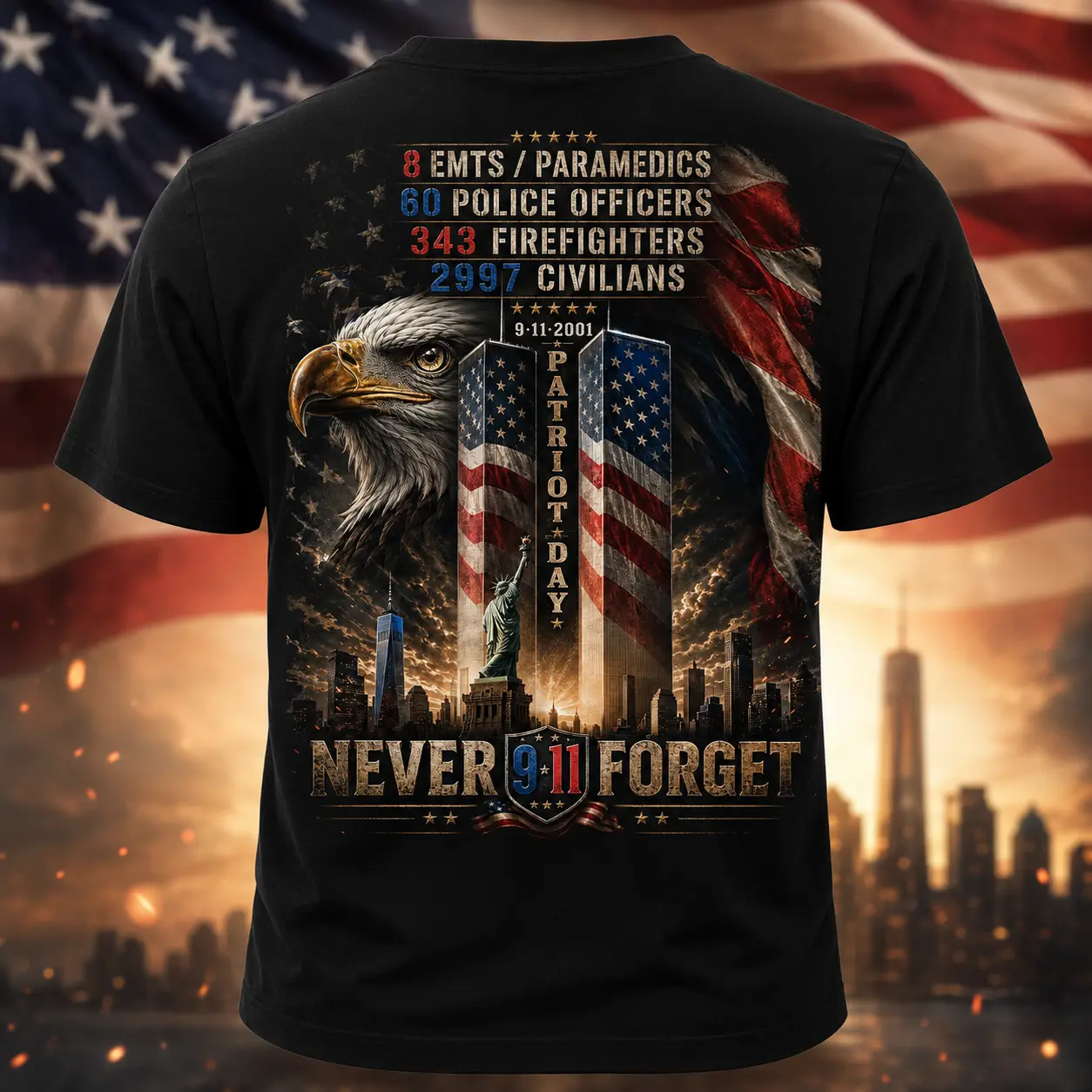 Never Forget 9/11 Memorial T-Shirt, Patriotic Eagle Tribute Tee, Unisex Black Remembrance Shirt