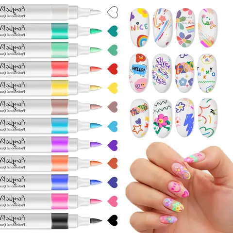 QIUFSSE 12 Color Nail Art Markers Set, High Quality, Quick Drying, Long Lasting & Made with Safe Pigments