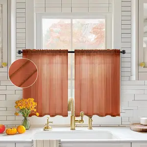 Terracotta Sheer Curtains 36 inch Length Kitchen Window Curtains Over Sink, Short Small Curtains for Fall Bathroom Cafe Linen Textured Light Filtering Half Window Tiers Rod Pocket, 2 Panels