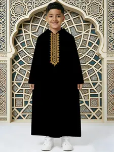Boys' Black Hooded Thobe with Luxury Gold Circular Embroidery - Kids Islamic Jubba for Ramadan & Eid