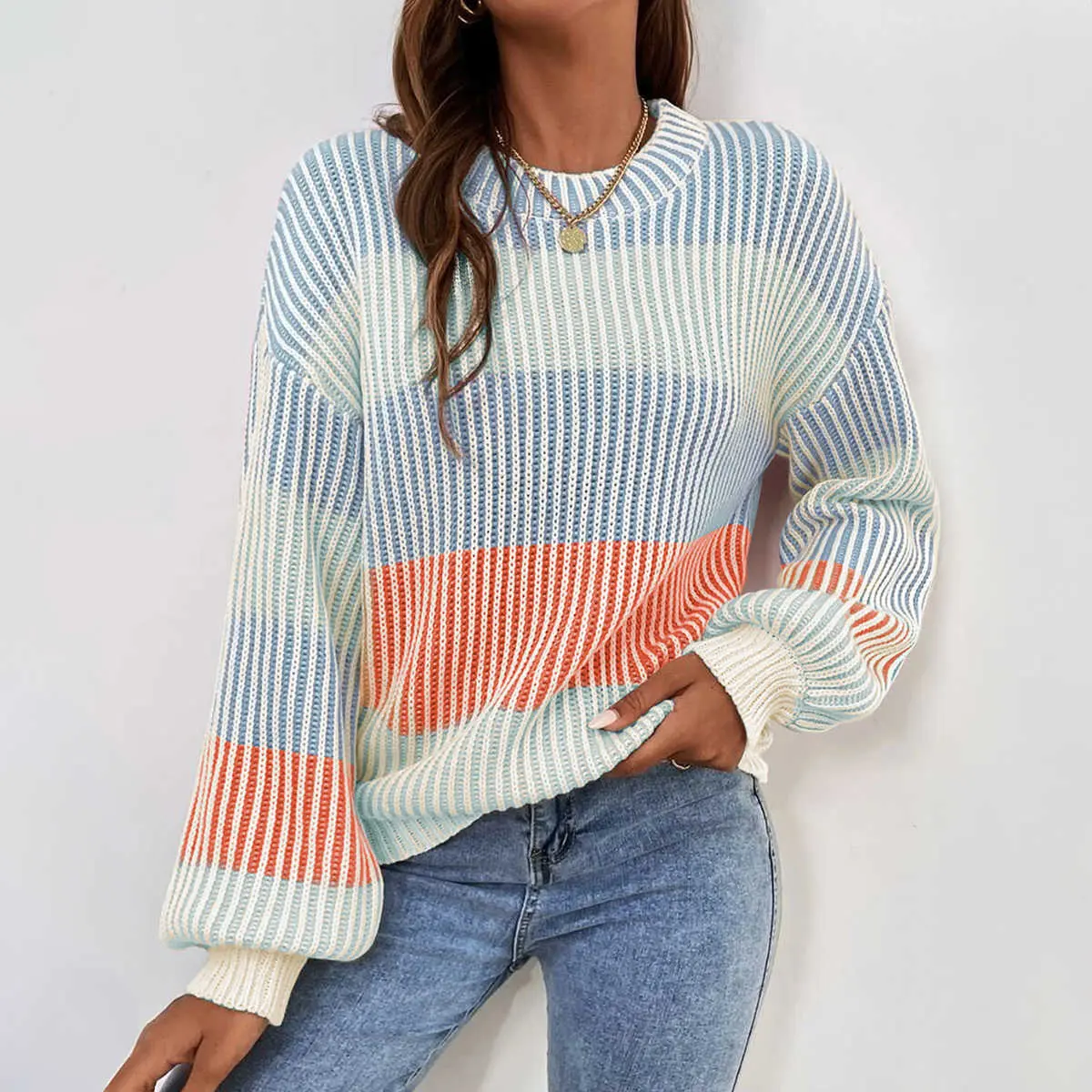 Multicolour Colorblock Textured Knit Bubble Sleeve Sweater