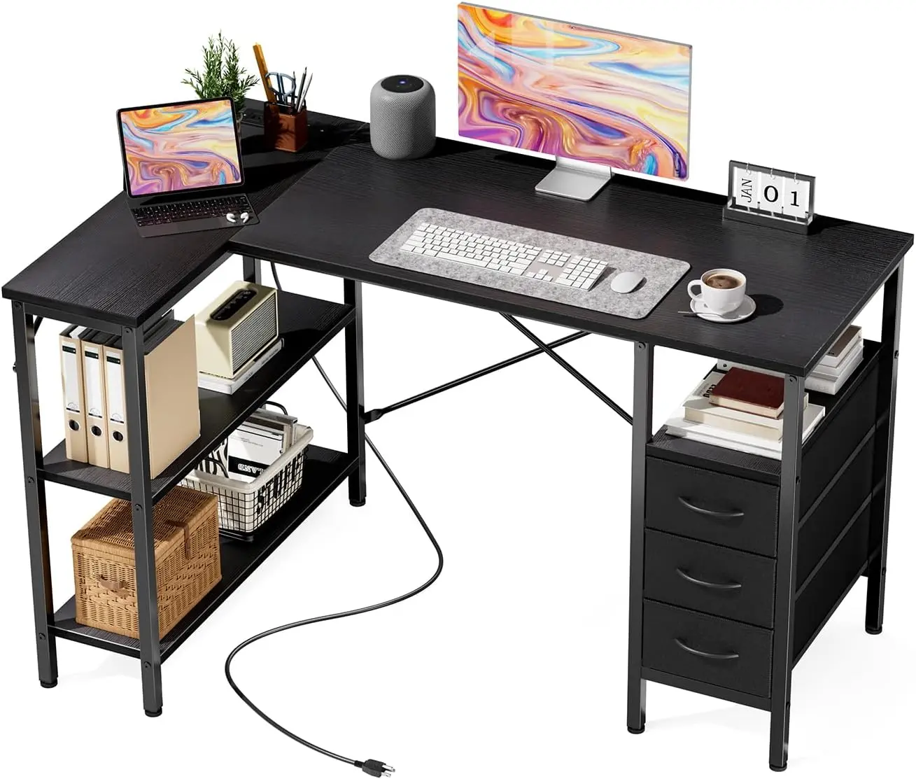 L Shaped Desk, 47/55 Inch Corner Computer Gaming Office Desk with Power Outlets, 3 Drawers & Adjustable Storage Shelves, Multipurpose Work Study Table for Home Office Bedroom Teacher Reading Writing