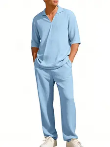 Men's Sporty Slim-Fit Suit Set, All-Season Solid Pattern, Casual Turn-Down Collar Two-Piece, Trendy Bubble Texture, Athleisure Sweatsuit, Athleisure Summer Clothes