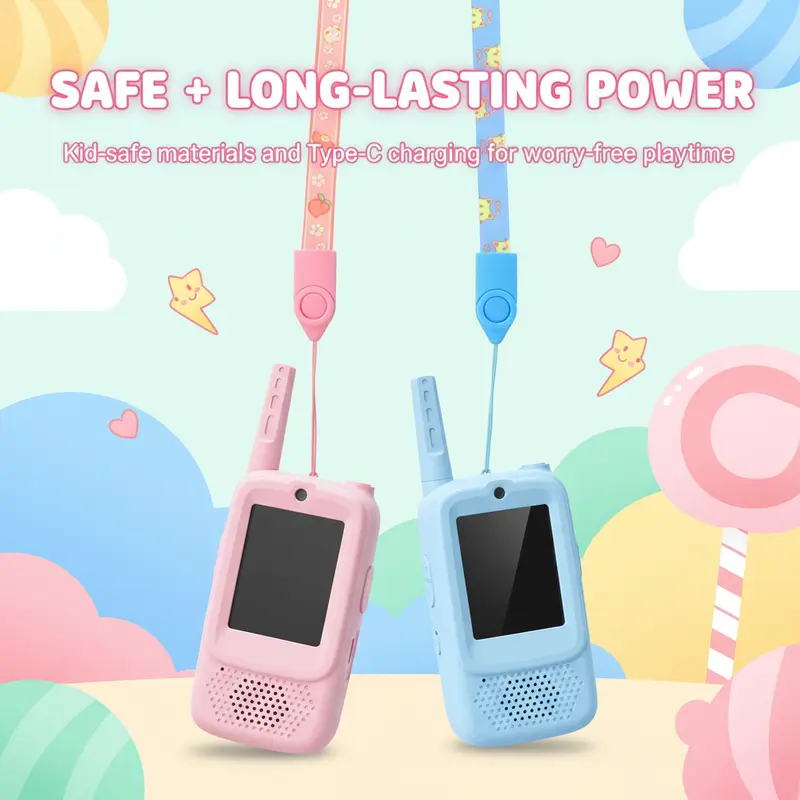 Careenoah Kids' Video Walkie Talkies in Pink & Blue with Cartoon Character Designs for Real-Time Communication Safe Long-Lasting Power