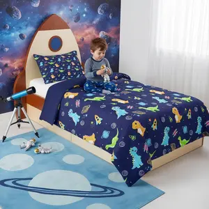 Kids Space Dinosaur Bedding Set,| Universe Planet Rocket Comforter Set,for Boys Girls,Cute Dino Astronaut Bed Set,Galaxy Moon and Stars Room Decor
