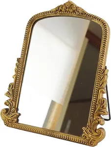 Small Vintage Vanity Makeup Desk Mirror, Antique Traditional Arch Table Mirror in Gold, Decorative Wood Carved Mirror for Living Room Bedroom Tabletop 11.8" x 9.6"