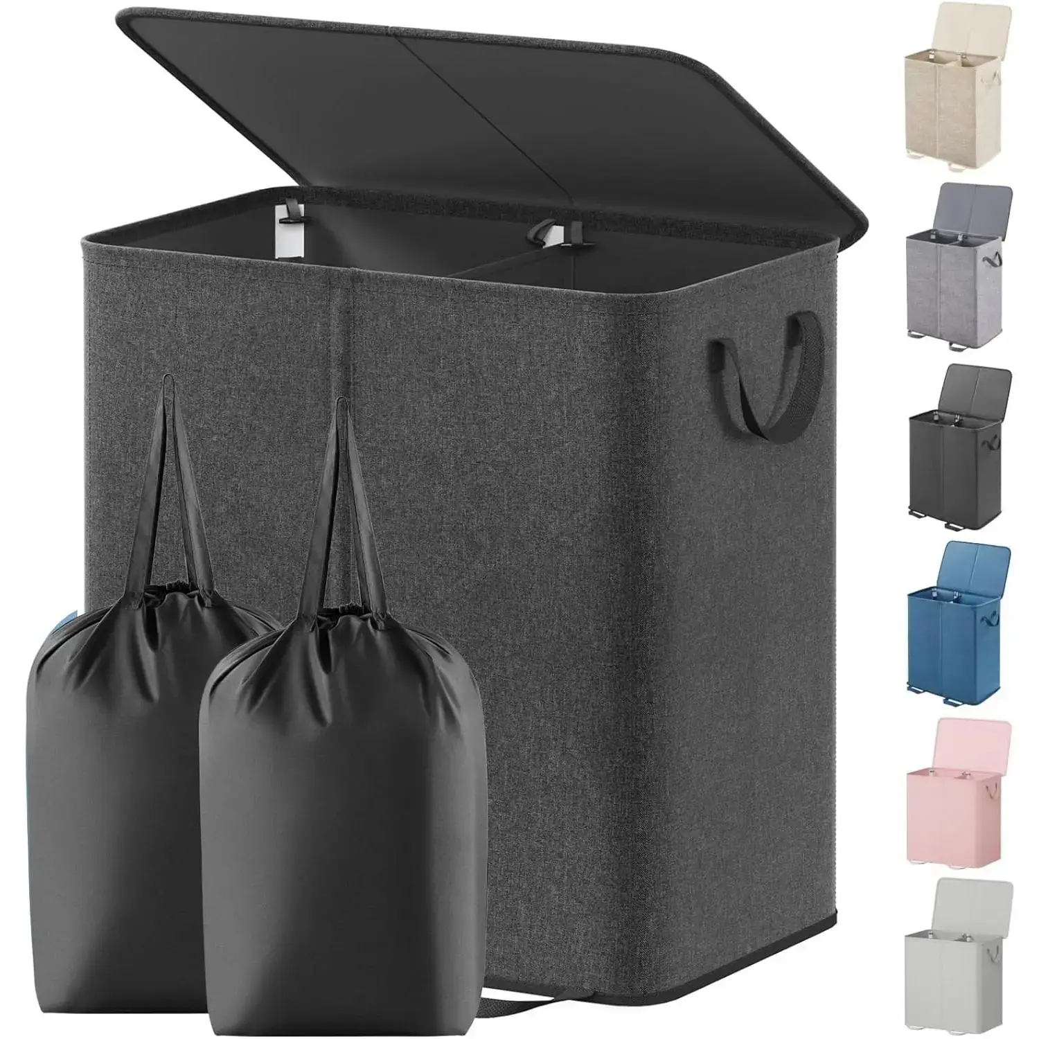 Polyester Modern Foldable Double Laundry Basket with Lid, Removable Bags, 2 Dividers, Handles, Floor Mount, 136L Large Collapsible Double Bins for Bedroom, Laundry Room (Black)-L, Laundry Baskets