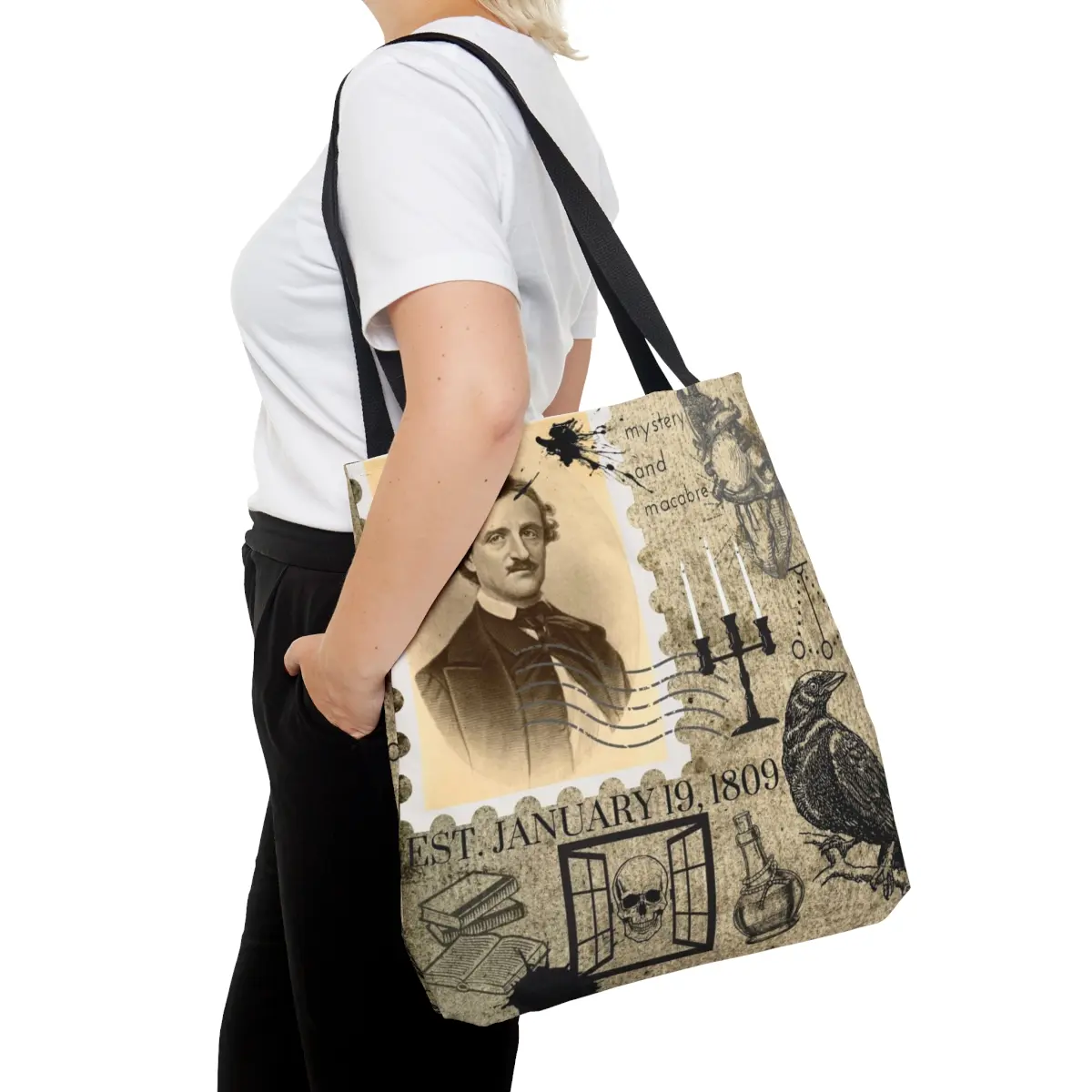 Macabre Tote Bag, Goth Tote, Trick or Treat Bag, Halloween Tote, Mystery, Raven, Skull, Craft Bag, Crafting Tote, Reusable Tote