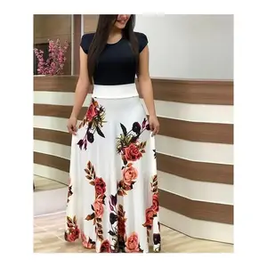 Floral Print Splicing Dress, Elegant Crew Neck Short Sleeve Pleated Maxi Dress, Women's Clothing
