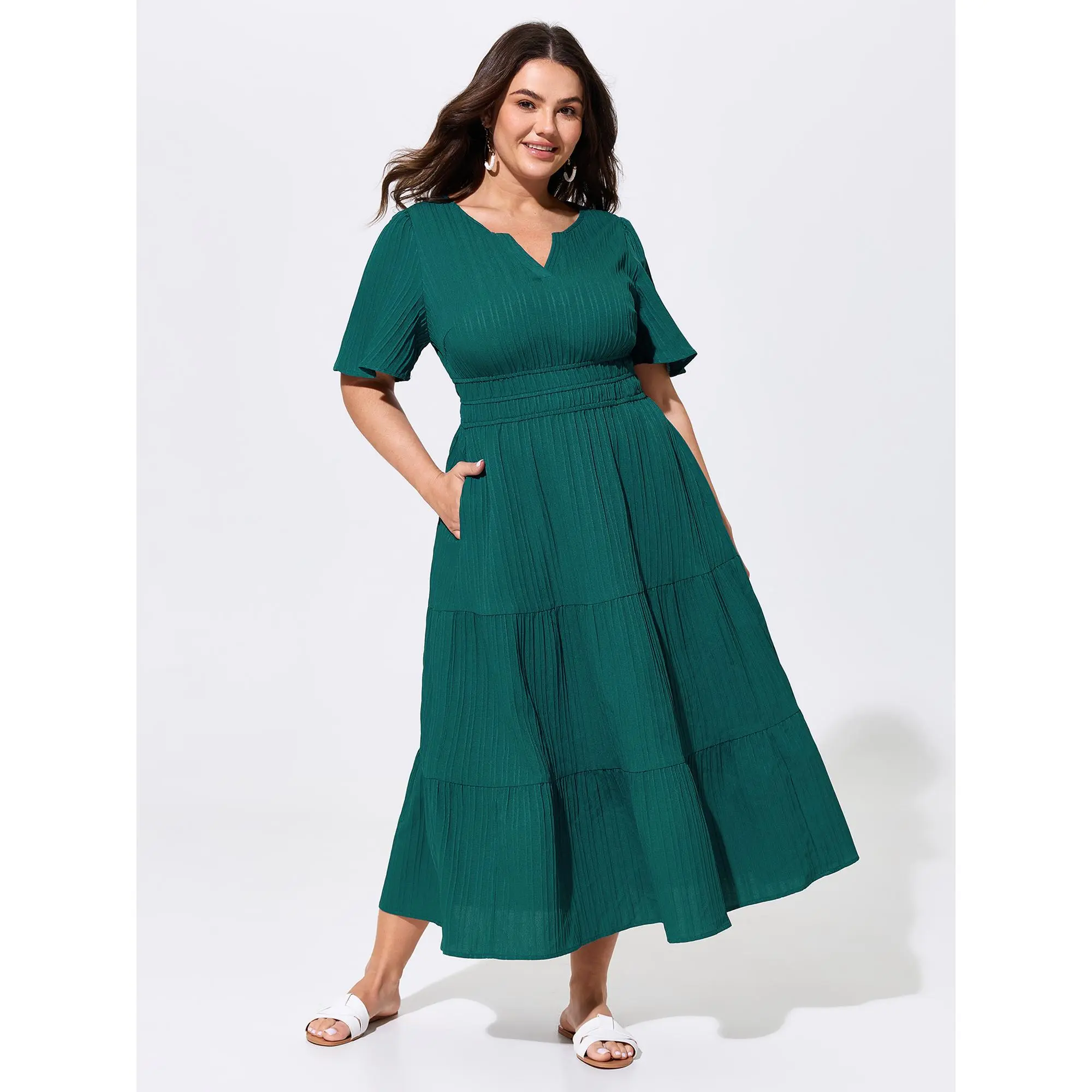 BloomChic Women's Casual Wear Garment - Plus Size Shirred Waist Split Neckline Tiered Maxi Dress with Pocket (M-6X), Polyester Lady Summer Dress, Fabric, Basic, Plus Size Clothes, Short Sleeves, Flutter Sleeve, Boho Tiered, Summerfinds Editor's Note, Smoo