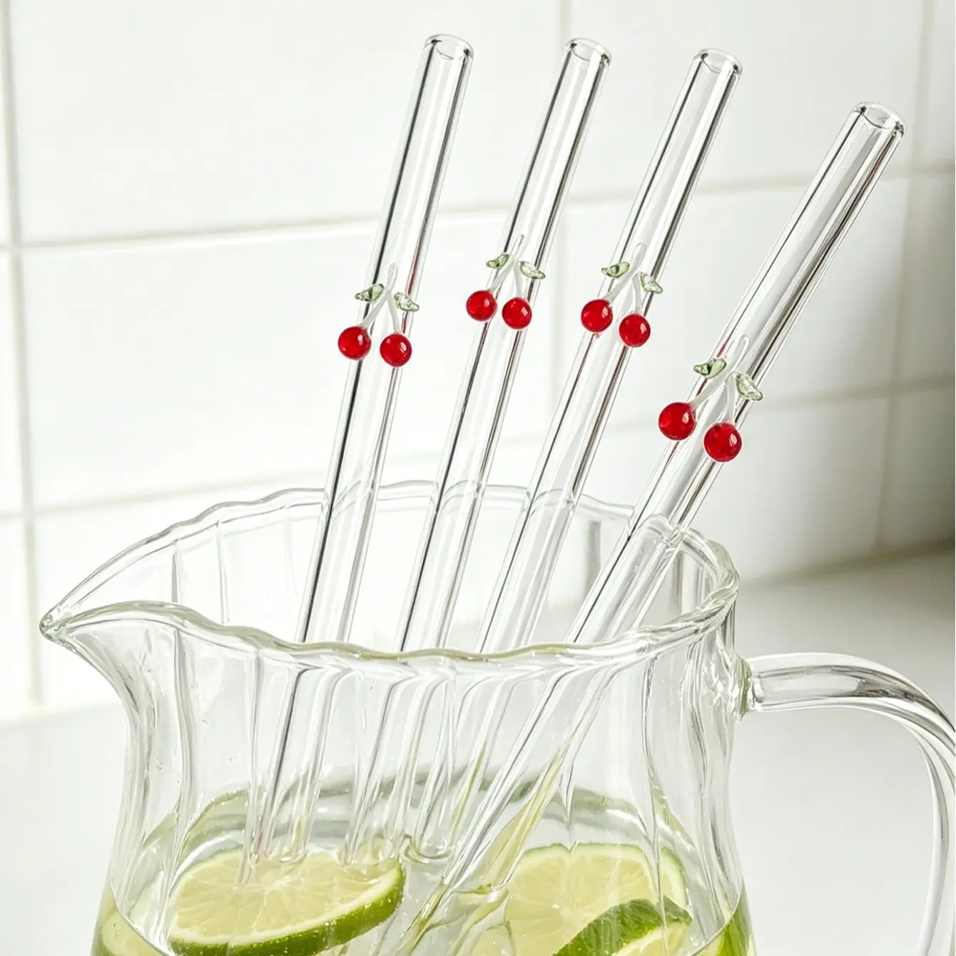 Cartoon Chili Glass Straw Set, Reusable Bent Transparent Thick Glass Straws, Drinking Straw, Drink Accessories, Kitchen, Party, Gift, Summer, Hawaiian Style, Graduation, Easter