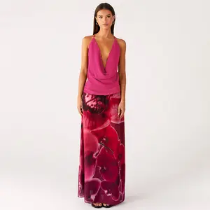 Cowl Neck Crisscross Backless Tank Top & Floral Print Maxi Skirt Two Piece Set for Women's 2025 Spring &Fall Slim Fit Elegant Sexy Vacation Beach Outfit Party Dates Skirt Suit