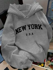 Men's New York Pattern Print Ribbed Cuff Hoodie, Loose-Fit Casual Long Sleeve Sweatshirt with Pockets, Fashionable All-Season Wear