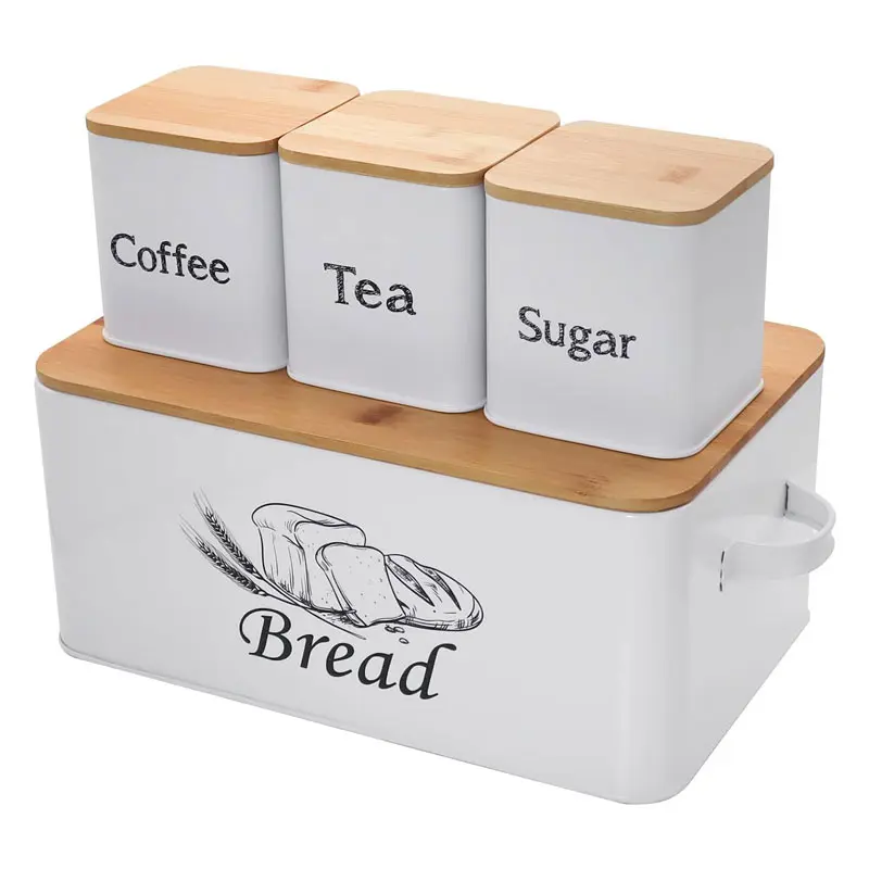 SOTECH Bread Box with Bamboo Lid & 3Pcs Canister Set, Metal Bread Storage Bin with Side Handles, Coffee Tea Sugar Airtight Canisters, Countertop Food Storage Container for Kitchen, Keep Bread Dry & Fresh, Farmhouse Kitchen Decor Gift