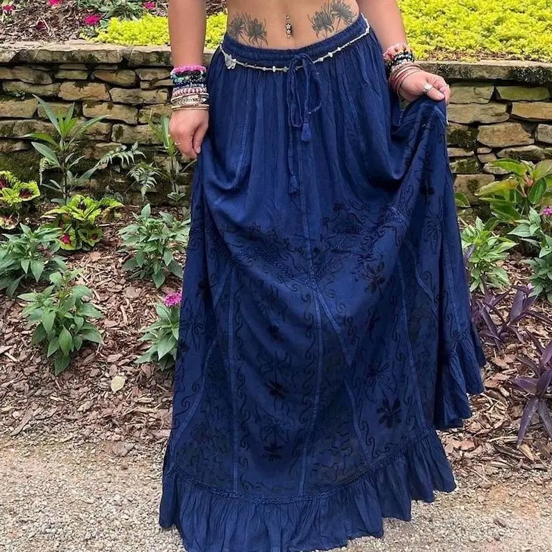 Fairy Boho Hippie Flowy Skirt, Vintage Vibe Embroidered Maxi Skirt, Forest Hippie Cottage Core Long Skirt, Floral Patchwork Summer 60s Skirt