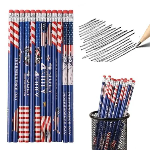 12/24 Pack American Flag Pencils, Wood USA Flag Patriotic Pencils with Erasers for 4th of July Independence Day Parades Party Favors Office Supplies Schools Rewards Activities Classroom Gifts (12)