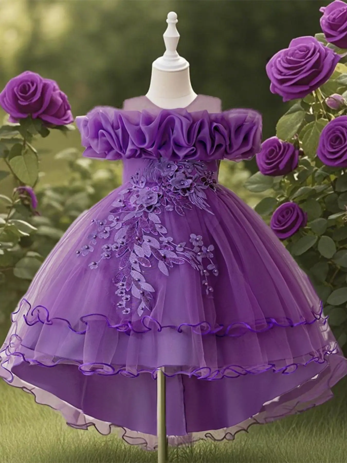 Girl's Floral Print Sequin Decor Tulle Dress, Elegant Ruffle Trim Sleeveless A Line Tutu Dress for Party Wedding Guest, Kids Clothes for Summer