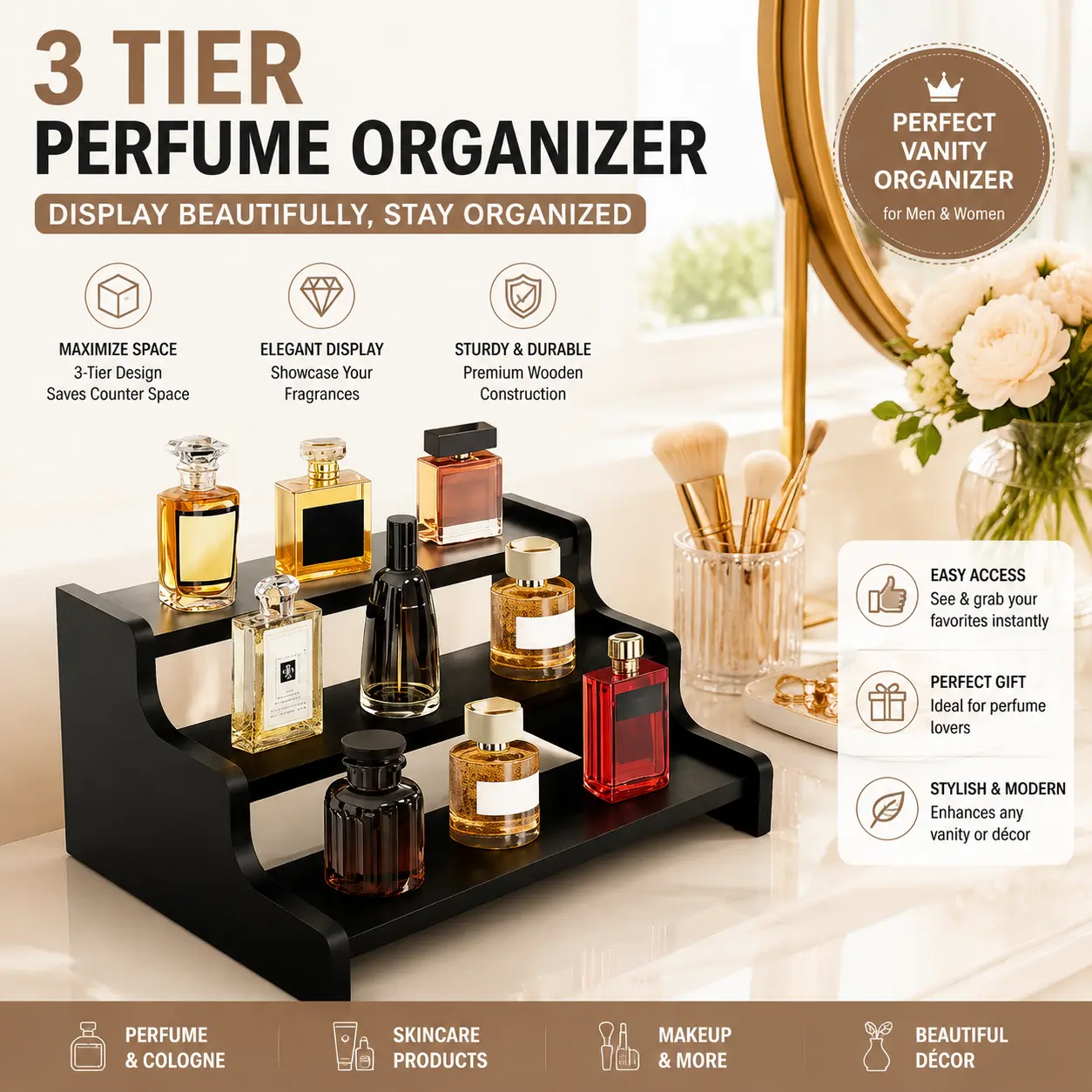 3 Tier Perfume Organizer Stand, Wooden Fragrance Display Shelf for Vanity Counter, Cologne Storage Rack and Bathroom Organizer