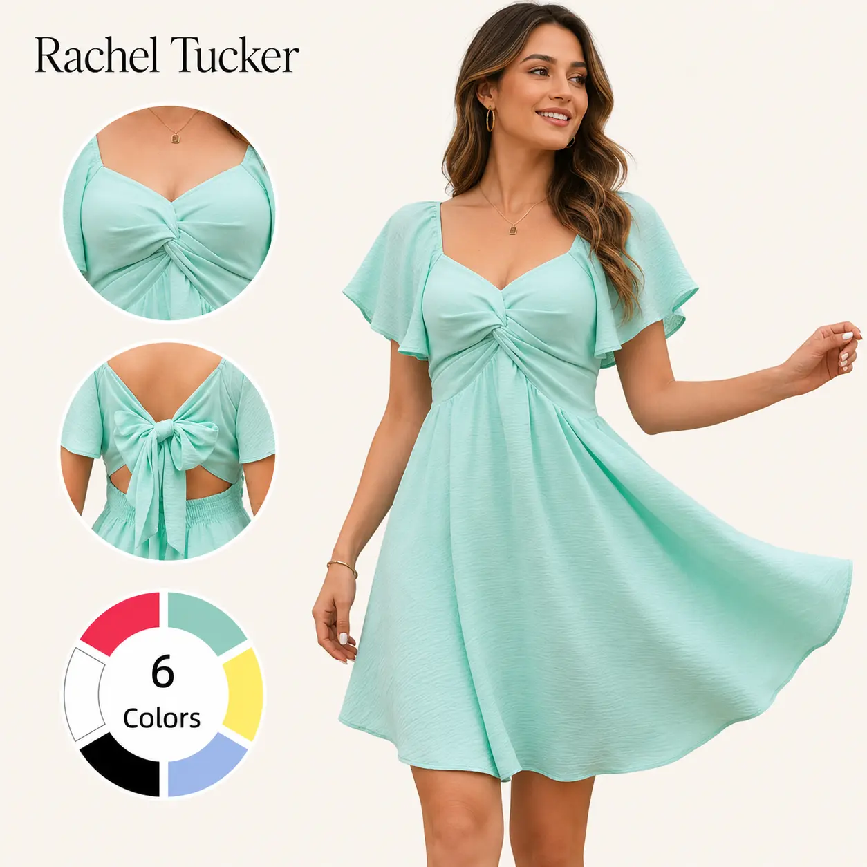 Rachel Tucker Women's Summer Sweetheart NecklineKnot Front Flowy Mini Chiffon Dresses , Flutter Sleeve, Tie-Back, A-Line Cut, No Scratchy, No Sheer, Wedding Guest,Bridal Shower, Church, Party, Casual, or Daily Wear, Summervibes