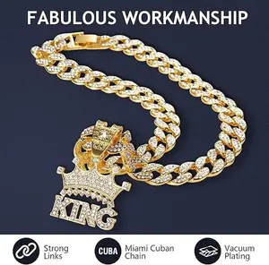 Miami Cuban Link Chain for Men, Gold Plated Diamond Necklace, Hip Hop Jewelry Gift，Fully Diamond-Encrusted Crown KING Letter,Bling Rhinestone Necklace Diamond Chain Jewelry For Men