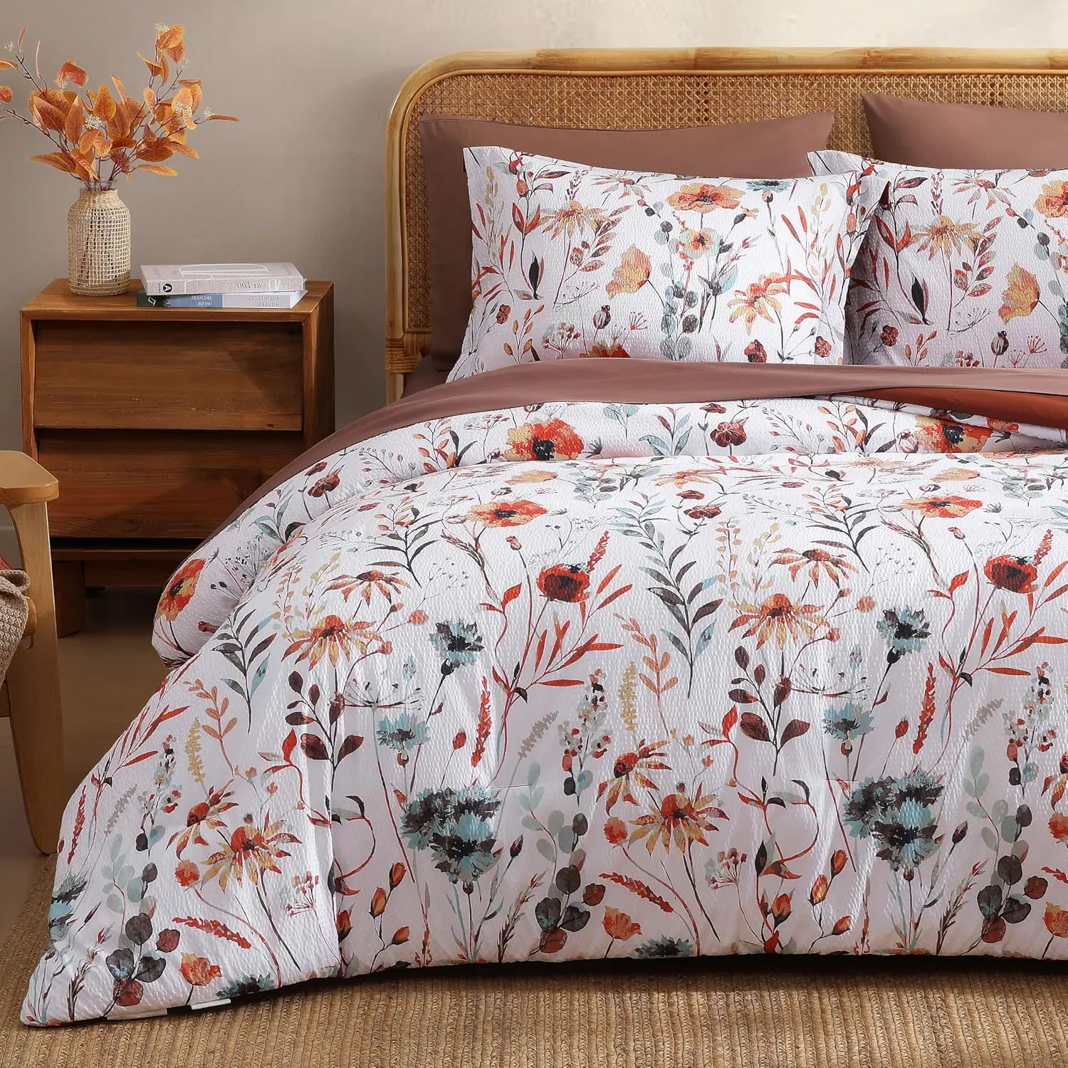 Melex Home King Size 7-Piece Bed Cover Set - Nature-Inspired Green Floral Bedding, 240gsm Polyester Fill All-Season Comforter, Seersucker Fabric 5-Piece Bedsheet Set, Pillowcases & Shams (Farmhouse Style)