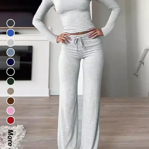 Women's Solid-Color Long-Sleeve Soft Thick Knit Fabric Crop Tee & High-Waisted Drawstring Pants Two-Piece Set, Clothes, Basic Casual Slim-Fit Everyday Outfit for Fall and Winter, Womenswear