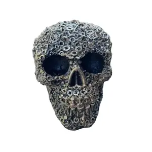 Handmade Concrete Gear Skull - Unique Indoor Home Decor with Nuts Bolts & Gears - Hand-Painted Cement Art Ornaments