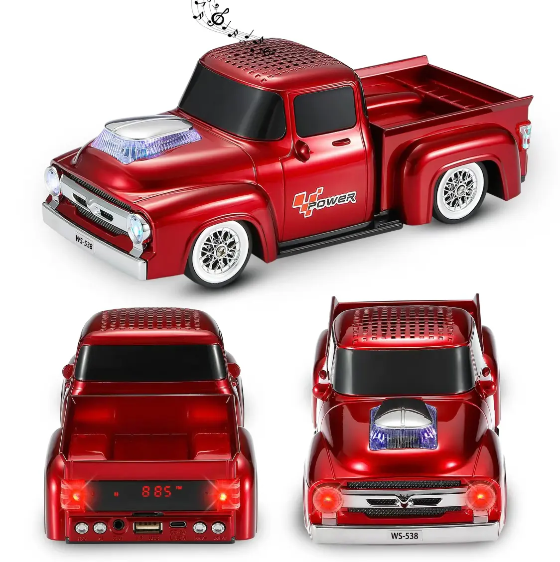 WSTER WS-538 pickup truck model speaker, shock model, subwoofer, LED display, cool lighting, suitable for family parties, outdoor, perfect gift for family and friends