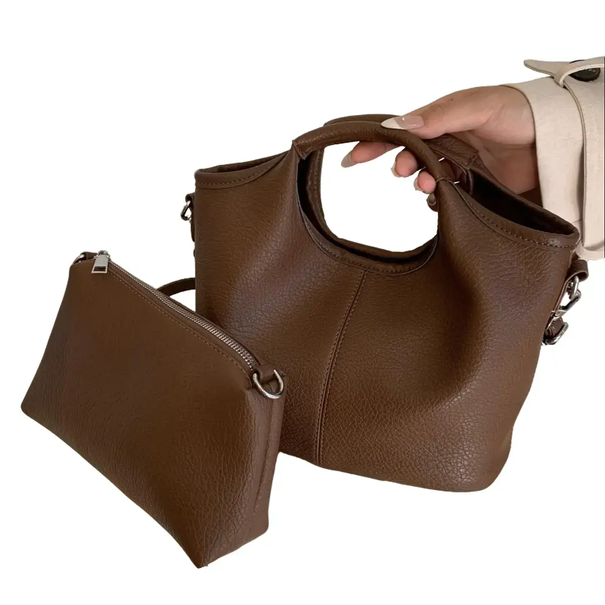 Women's PU Retro Soft Small Tote Handbag - Block-Style, Buckled, Carry-All, Detailed Colorblock Puff Bucket Bag with Magnetic Clip, Stitching Detail, Single Strap Crossbody for Daily Wear, Block-Style Women's Handbags, Buckled Women's Handbags