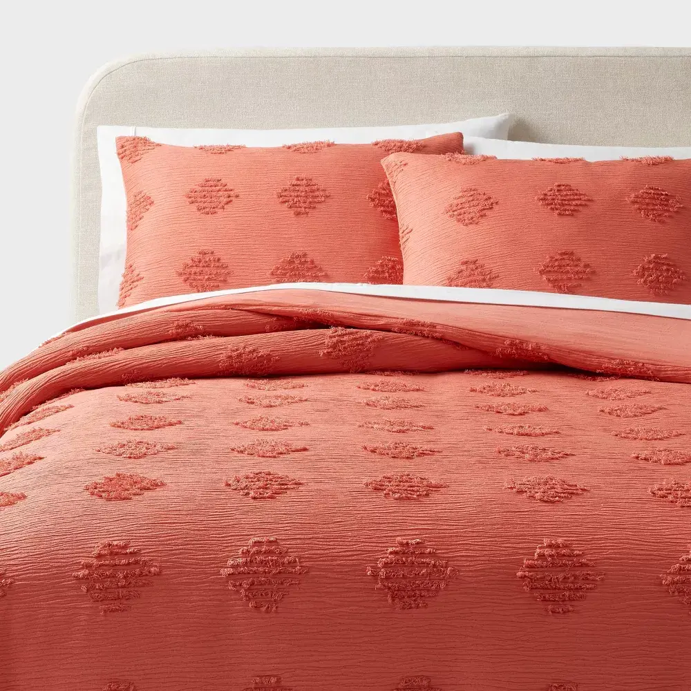 Full/Queen Tufted Diamond Crinkle Duvet Cover and Sham Set Melon Pink - Threshold: Recycled Polyester Jacquard Weave OEKO-TEX Certified