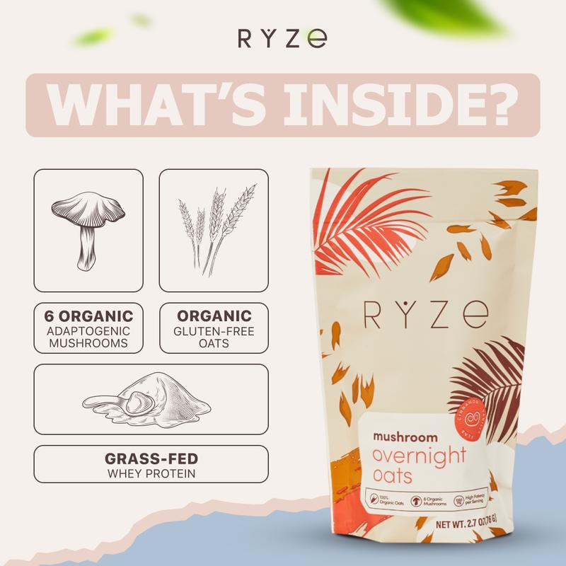 RYZE Mushroom Overnight Oats, Oatmeal with 6 Adaptogenic Mushrooms and 20g Grass-Fed Whey Protein & Chia Seeds, Turkey Tail, Shiitake, Lion's Mane, Reishi, Cordyceps, Healthy Breakfast, 14 servings