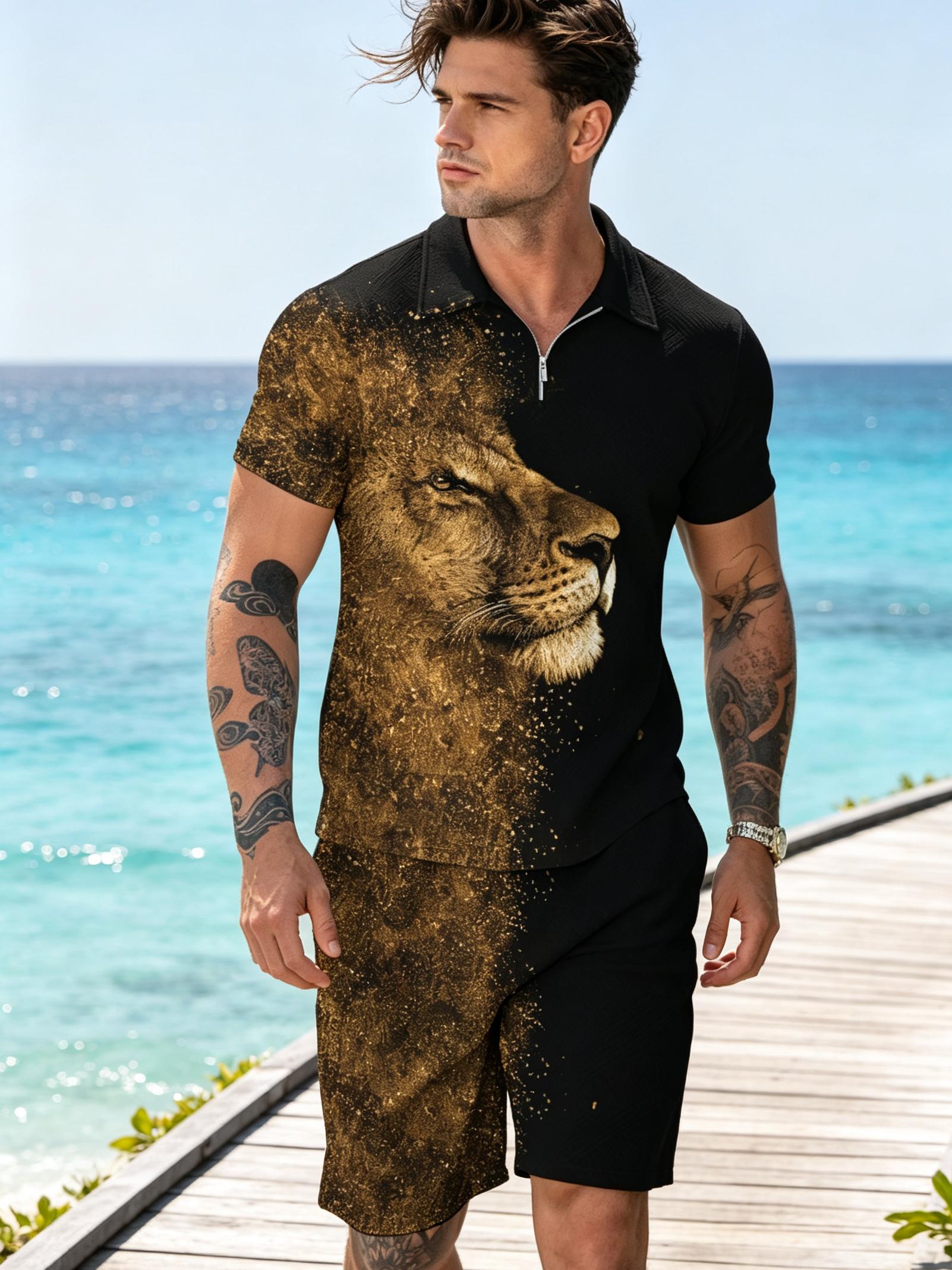 Men's 2-Piece Graphic Clothes Set - Stylish Animal Lion Print Short-Sleeve Polo & Shorts, Breathable Polyester, Fashion Streetwear Outfit for Birthday, Sizes M-3XL