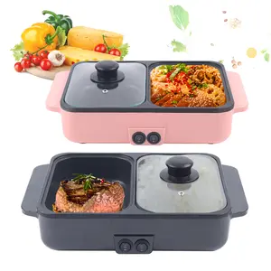 Hot Pot with Grill, Electric Hot Pot and Frying Pan, Shabu Shabu Pot with Grill, 2 in 1 Indoor NonStick Shabu Shabu Pot and Griddle, Dual Temperature Control, Fast Heating for BBQ Steaks Noodles(Pink)