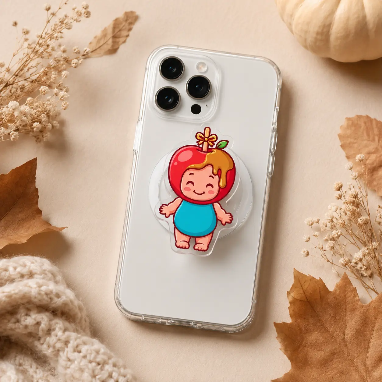 Cute Apple Character Magnetic Phone Grip & Stand, Kawaii Fruit Phone Grip, Cartoon Apfel Phone Holder, Cozy Aesthetic Phone Accessory, Gift for Kids & Fruit Lovers