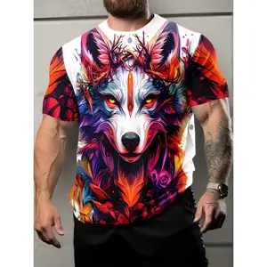 Men' Wolf Print T-Shirt - Lightweight Breathable Short Sleeve Round Neck Top with Wolf & Turquoise, Machine Washable Suitable for Fitness, Parties, Casual Wear, Spring Summer Fall Wardrobe Essential, Comfortable Casual Fit for, PLUS SIZE