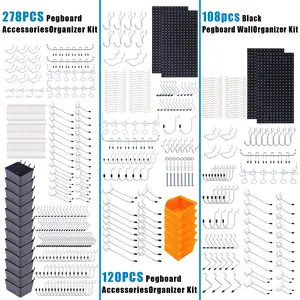278/120/108PCS Pegboard Organizer Kits: Metal Panels, Bins & 1/8-1/4 Inch Hooks | Wall Storage for Garage, Workbench, Shed Tools