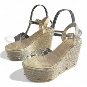 Jute Sandal with Transparent Silicone & White Details 12cm Heel Open Toe Velcro Closure for Women Summer Fashion - Girl