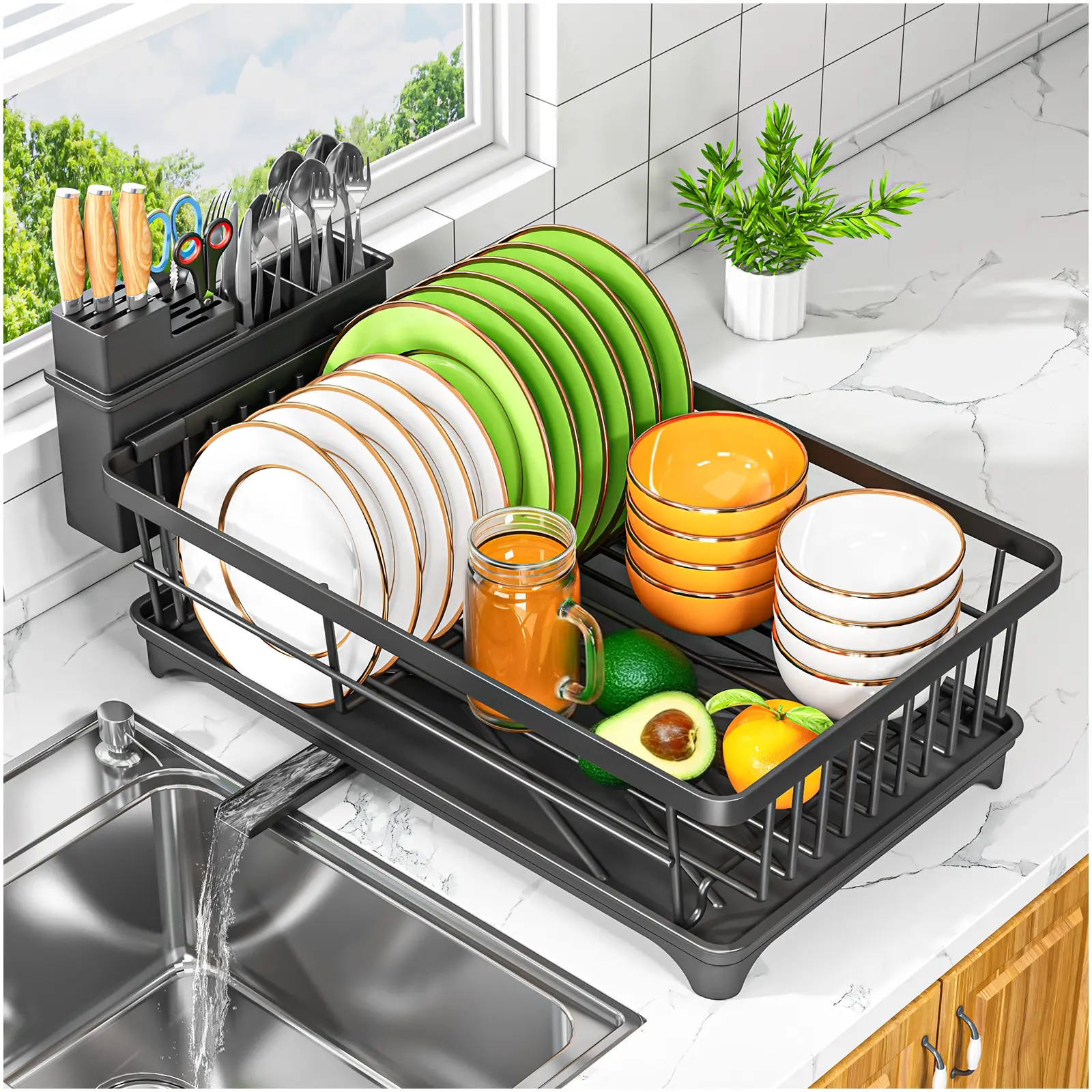 Kmiectse Dish Drying Rack for Small Kitchen Counter with Utensil Holder Space Saving, Rust Resistant, Quick Drainage Dish Rack, Compact Dish Drainer Organizer for Home Kitchen, Black,home decor
