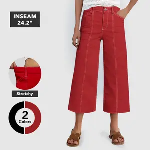 Flamingals Contrast Stitch Mid Rise Straight Leg Capri Pants for Women's Fashion Casual