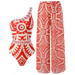 Women's Ethnic Pattern Summer Swimsuit Set, Boho One Shoulder Swim Bodysuit & Elastic Waist Pants Swimwear Set, One Shoulder Swimsuits, 2024 Summer Bathing Suits   LNR-M074-09