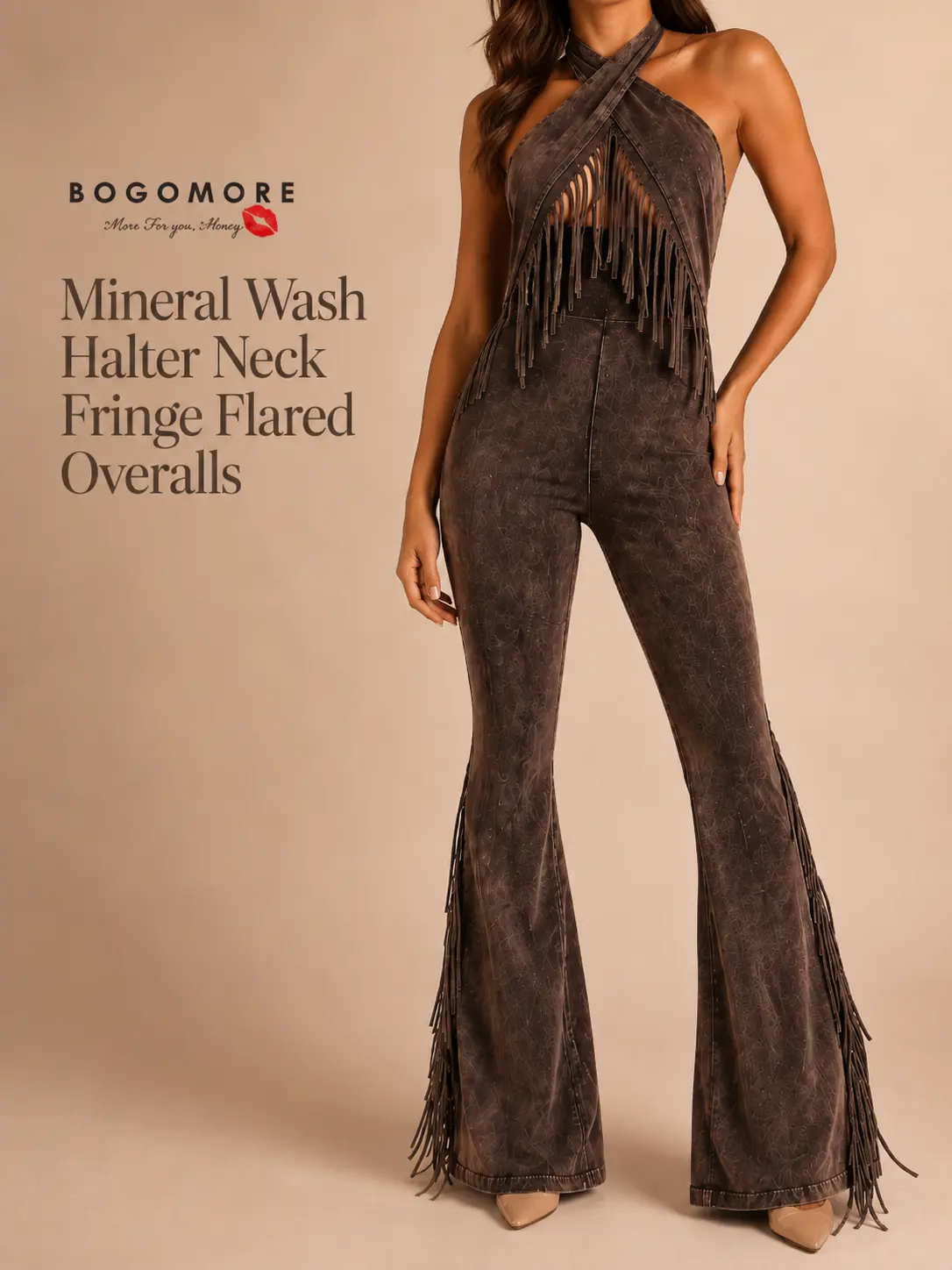 Women’s Sleeveless Mineral Wash Halter Neck Fringe Flared Overalls - Open-Back Stretch Garment, 95% Cotton 5% Spandex, Western Cowgirl Festival Style Outfit Fabric Womenswear